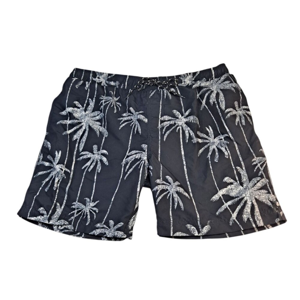 Distortion Men's L Swim Trunks Palm Trees Black White 50+ UPF Fast Drying